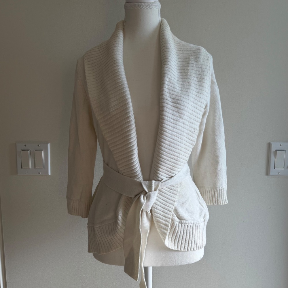 BCBGMAXAZRIA Shawl Collar Wrap Cardigan Ivory Womens Size M Ribbed Knit